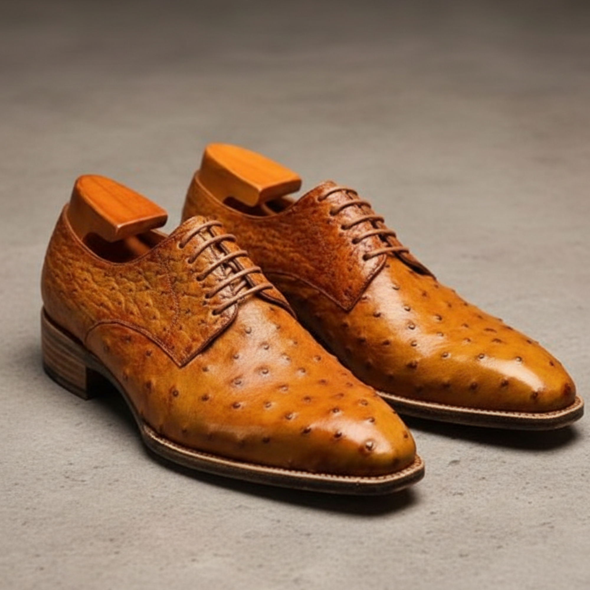 Handmade Men's Tan Derby Ostrich Leather Shoes