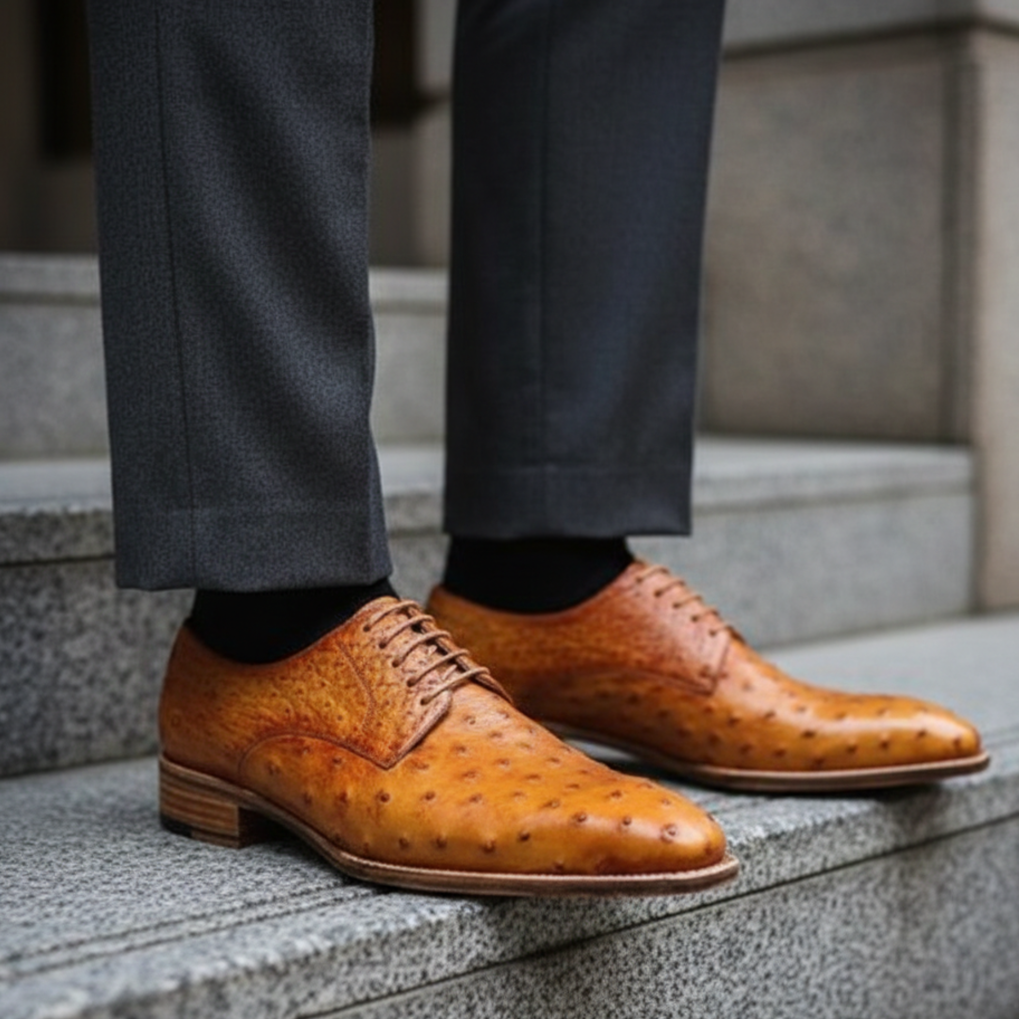Handmade Men's Tan Derby Ostrich Leather Shoes