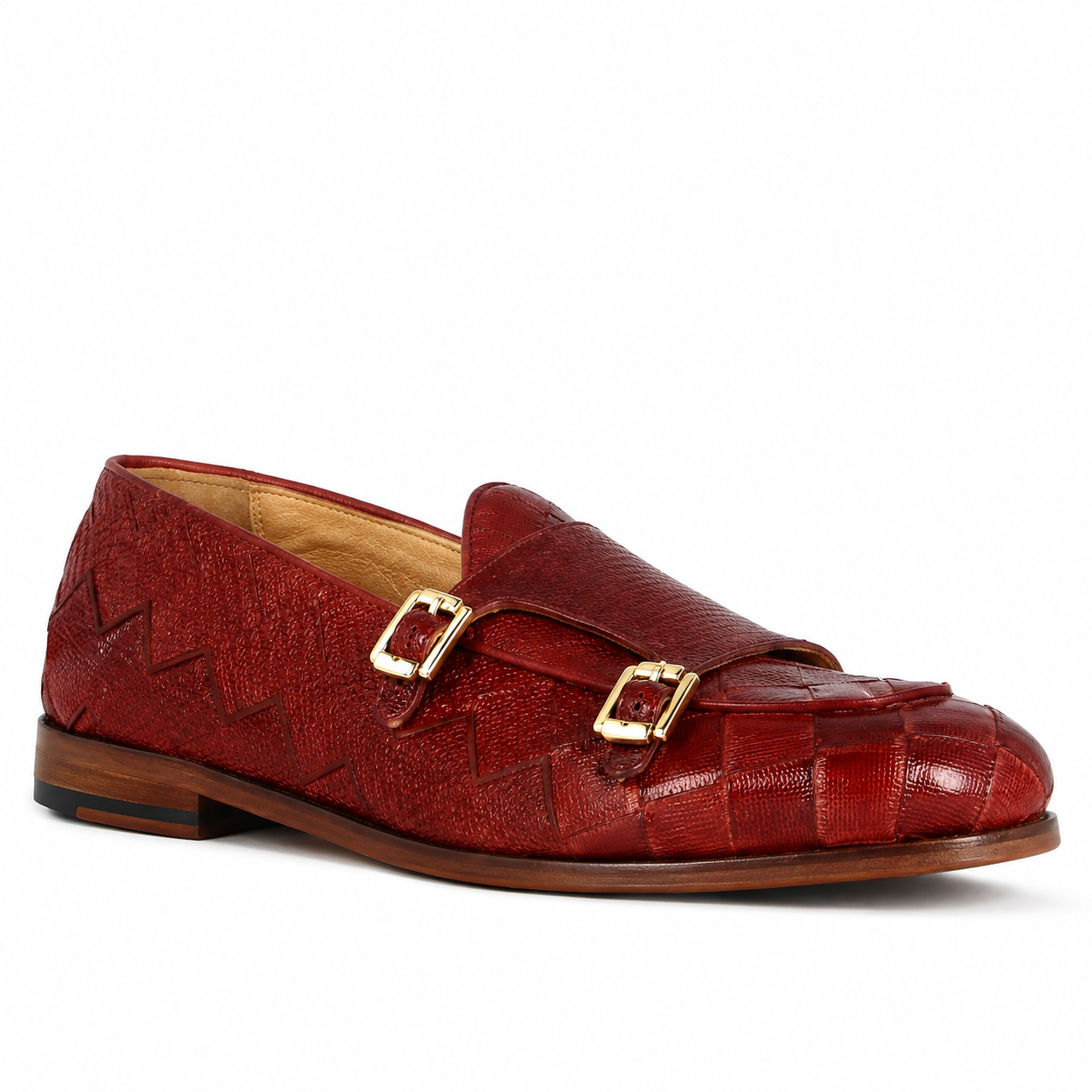 Men's moccasin in woven leather with double buckle in red