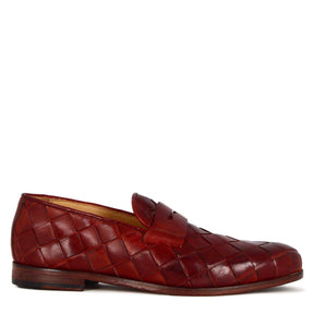 Handmade red woven leather men's moccasin