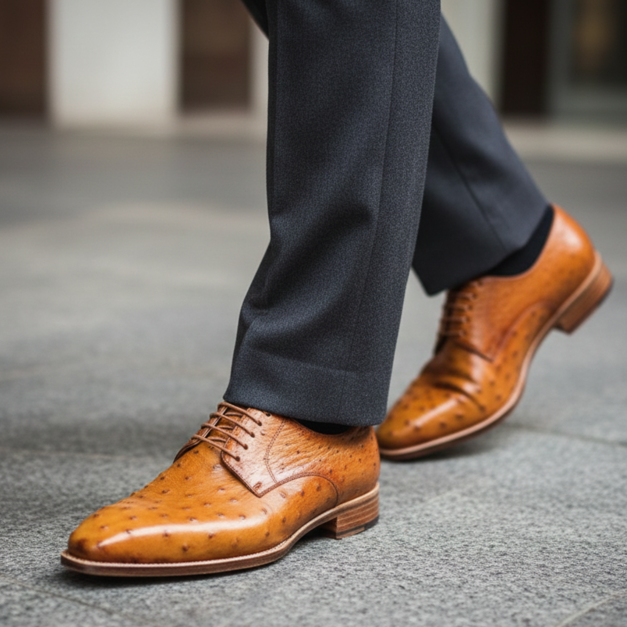 Handmade Men's Tan Derby Ostrich Leather Shoes