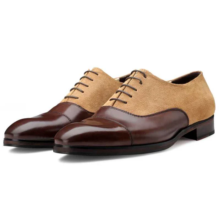 Men's Brown-Beige Suede Leather Cap Toe Dress Shoes