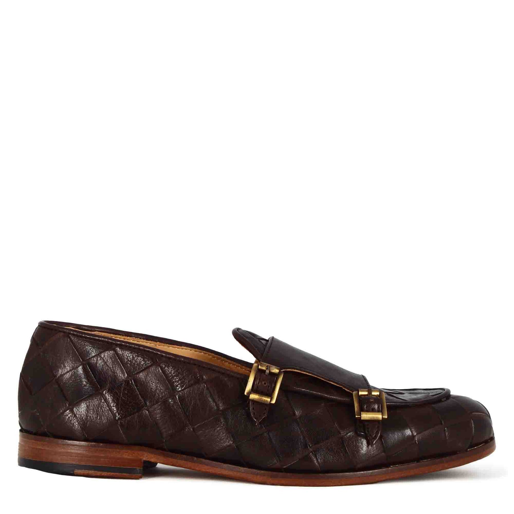 Dark brown moccasin with double golden buckle for men in woven leather